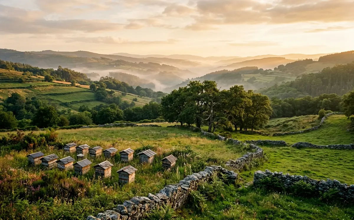 Rural Galician landscape with traditional beehives at sunset