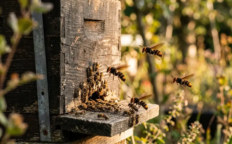 Asian hornets attacking a Galician beehive at dusk