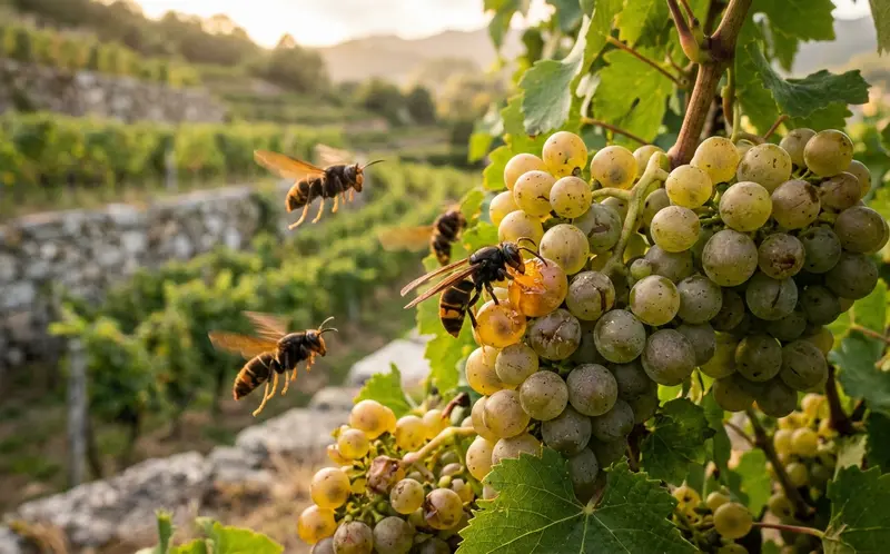 Asian hornets attacking ripe grape clusters in a Galician vineyard at the end of summer
