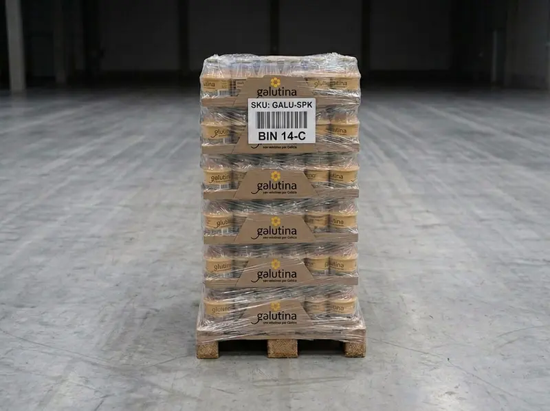 Pallet of Galutina boxes packed and ready for institutional shipment