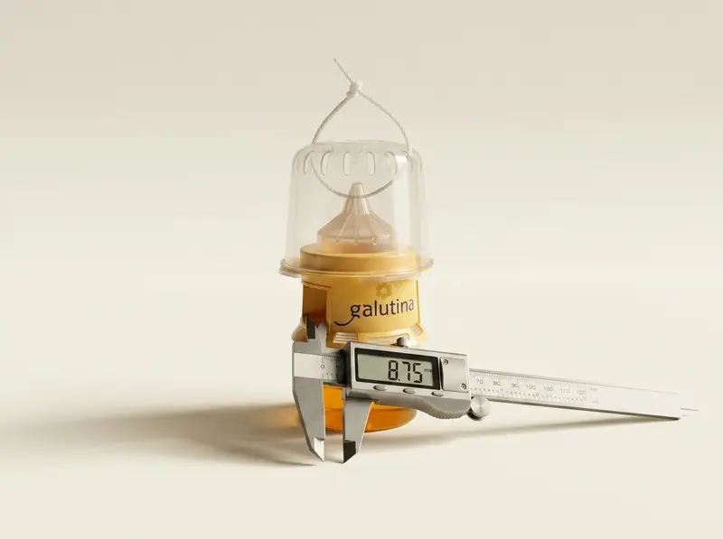 Galutina trap with a digital caliper showing 8.75 mm