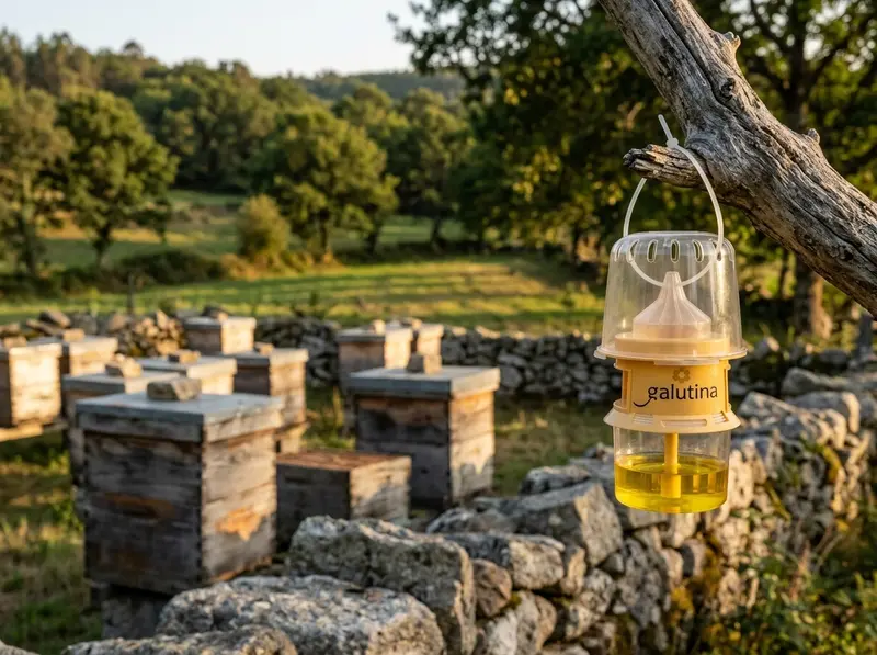 Galutina trap in a Galician apiary at sunset with granite stone walls