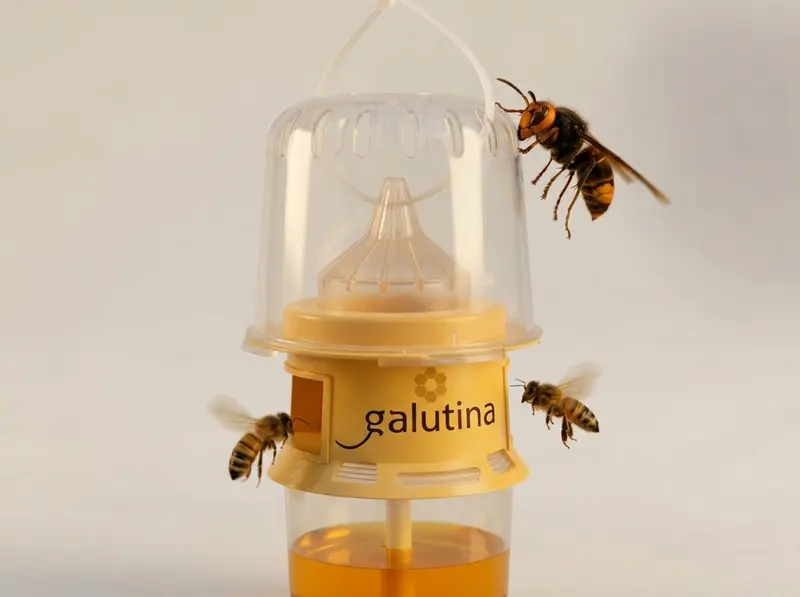 Galutina trap showing the double selection: a velutina above the dome, a honey bee escaping through the 6 mm exit
