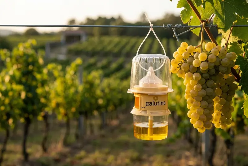 Galutina trap hung in a Galician vineyard with velutinas captured in the lower chamber