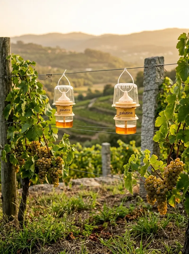 Several Galutina traps deployed along a Galician vineyard row